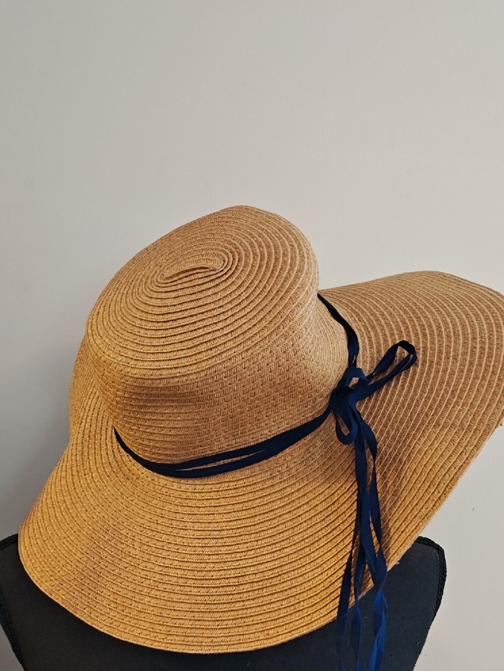 Straw Floppy Sun Hat with Navy Ribbon